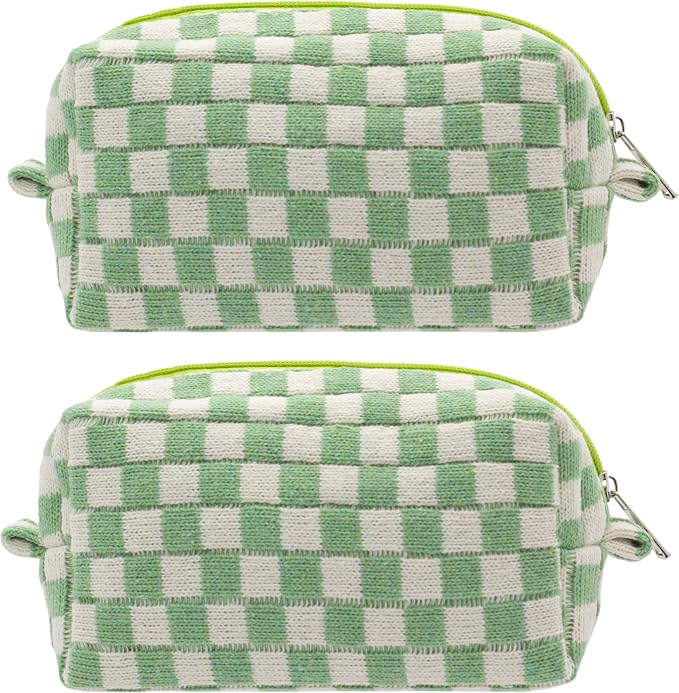 Checkered Makeup Bag for Purse, Small Cosmetic Pouch,Light Green,2 Pack | Cute Zipper Makeup Organizer for Women, Travel Essentials, Toiletries, Makeup Brushes, Beauty Accessories&Bridesmaid Gifts by PAZIMIIK