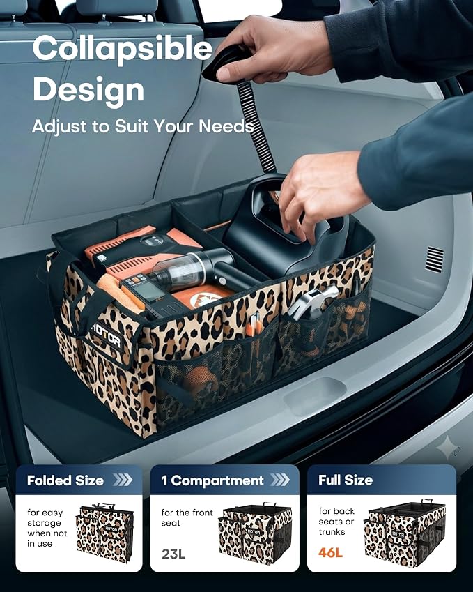 HOTOR Trunk Organizer - Foldable Car Organizer for SUVs & Sedans Storage | Sturdy Car Organization for Men & Women, Car Accessories, Tools, Sundries, Leopard, 2 Compartments, 21.3" x 12.6" x 10.6" - Image 5