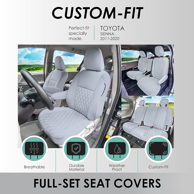 FH Group Custom Fit Car Seat Covers for Toyota Sienna 2011-2020, Car Seat Cover Full Set, 8 Seater Automotive Seat Covers in Solid Gray Neoprene, Waterproof and Washable Seat Covers - Image 2