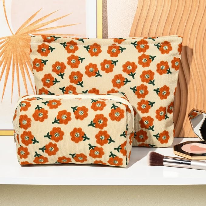 SOIDRAM 2 Pieces Flower Makeup Bag Large Corduroy Cosmetic Bag Capacity Canvas Mix Travel Toiletry Bag Organizer Cute Makeup Brushes Aesthetic Accessories Storage Bag for Women, Flower Mix Orange - Image 5