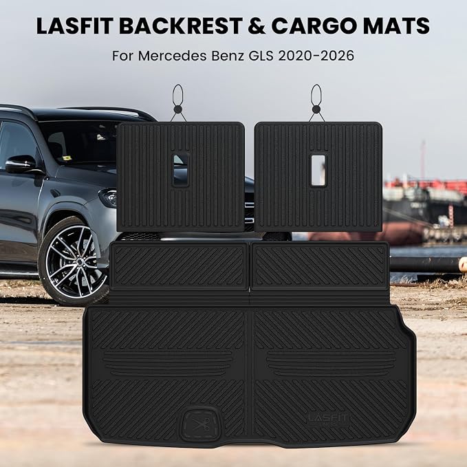LASFIT Cargo Mat & Backrest Mat (3 Pieces) for Mercedes Benz GLS 2020-2026 | Fit for GLS 450/580/63 AMG, All Weather TPE Non-Slip Trunk Mat with Seatback, Black - Image 9