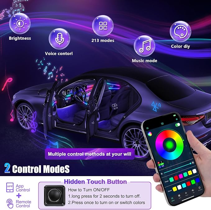 Acrylic Interior Car LED Strip Light with Wireless APP, RGB Dreamcolor 6 in 1 with 175 inches 600 LEDs Fiber Optic Strip Lights for Car, Dynamic Chasing Sound Active Neon Car Ambient Lighting Kits - Image 4