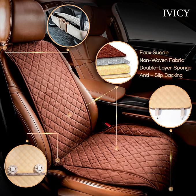 IVICY Faux Suede Front Car Seat Cover, Seat Protector, 1 Unit, Brown | Non-Slip Bucket Sear Cover for Most Cars, SUVs, Vans & Trucks – Machine Washable, Side-Airbag Friendly - Image 2