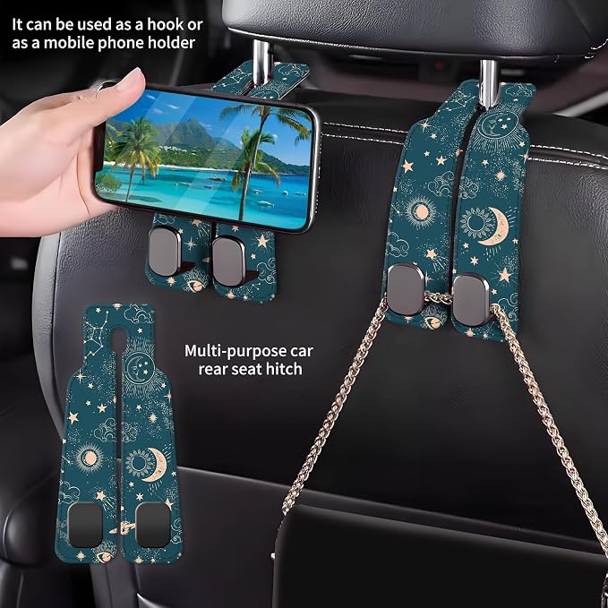 Car Seat Back Storage Headrest Hook, Premium Leather Double Metal Hook, Hanger Storage Organizer for Purse Cloth Bag, Car Interior Accessories Cute Blue Sun Boho - Image 2