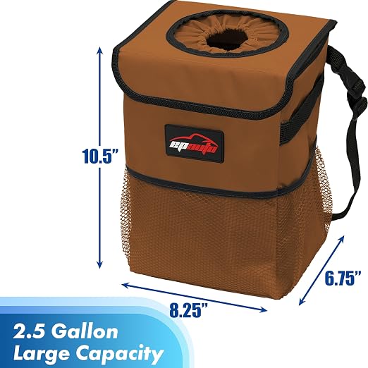 EPAuto Waterproof Car Trash Can with Lid and Pockets, 2.5 Gal, Brown | Leakproof, Collapsible Multipurpose Car Bin with 3 Side Storage Pockets, Adjustable Straps - Image 2