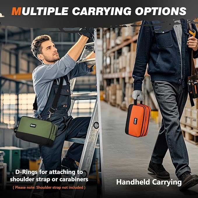 Tool Bag 2-Pack 12" 10", Divider Zipper Pouch, Small Tool Box Organizer | Waterproof, Heavy-duty Oxford, Smooth Zipper, Handle & D-Ring, Storage Case for Car Work Tool. Electrician Gift, Orange/Green - Image 5
