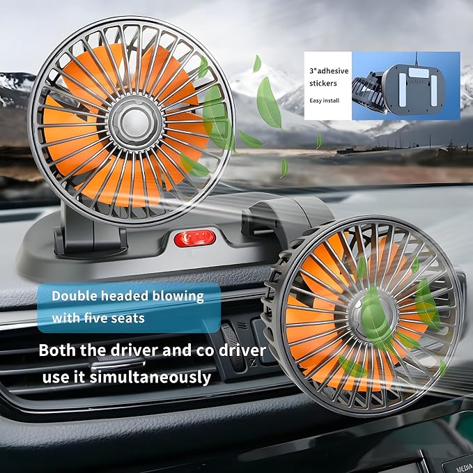 24V Dual Head Car Fan, Heavy Duty Truck Fan with 2 Speeds, 360° Rotatable Dashboard Air Circulator for Semi-Truck, Bus, RV, Excavator, Tractor, Cigarette Lighter Powered - Image 4
