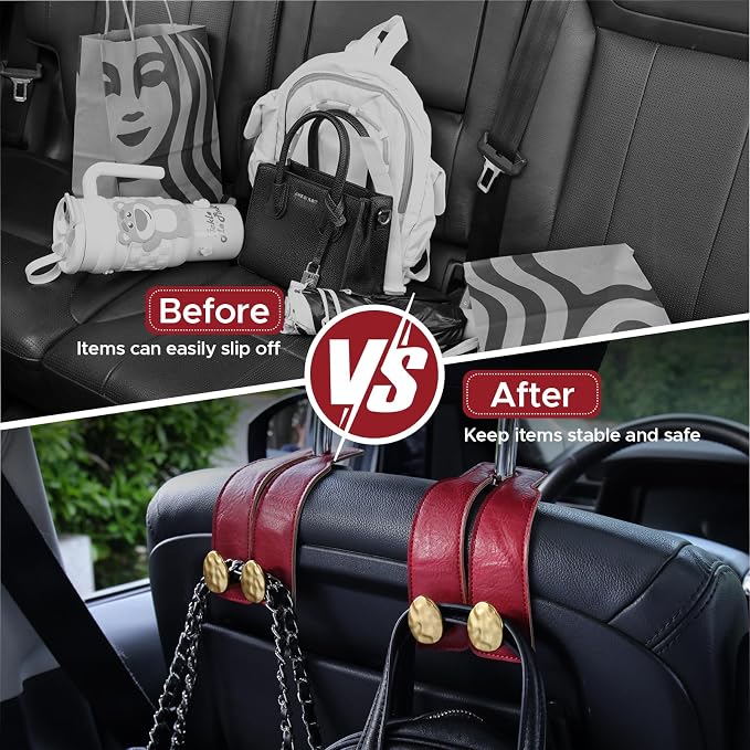 Leather Car Purse Hook for Headrest, 2 Pack (Red-Gold) | Twin Hooks Headrest Hangers, 2/4 Pack, No-Slip, Scratch-Proof, Holds Purses, Backpacks, Grocery Bags, Car Organizer Gift - Image 5