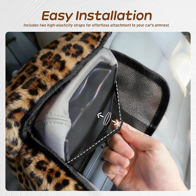 Fluffy Car Armrest Cover with Side Pockets – Plush Fuzzy Fur Center Console Armrest Cushion Pad, Universal Winter Car Interior Protector, Soft Arm Rest Cover with Storage for Women & Men (Leopard) - Image 5