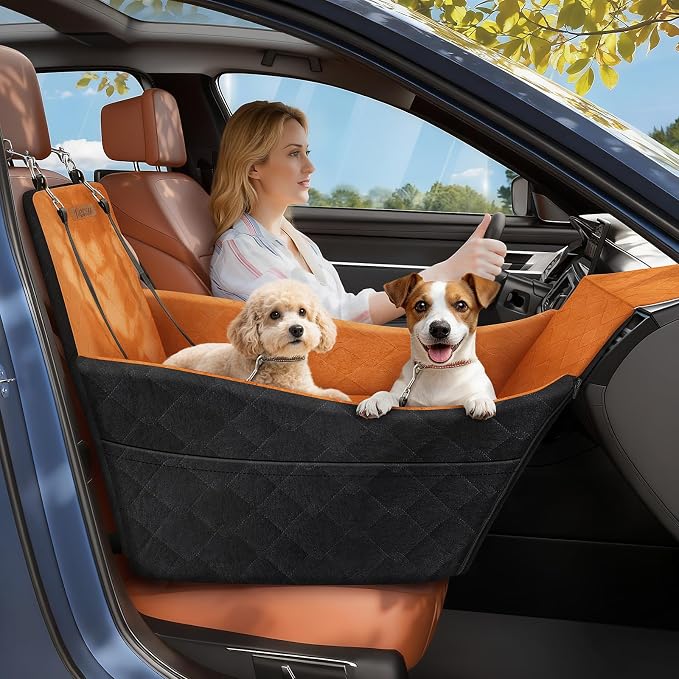 Elevated Dog Car Seat for Small and Medium Dogs Up to 35 lb | 4" High-Density Foam Dog Car Bed, 2 Storage Pockets,3 Safety belts,Fully Removable and Washable for Easy Care,Black+Brown by Tivray