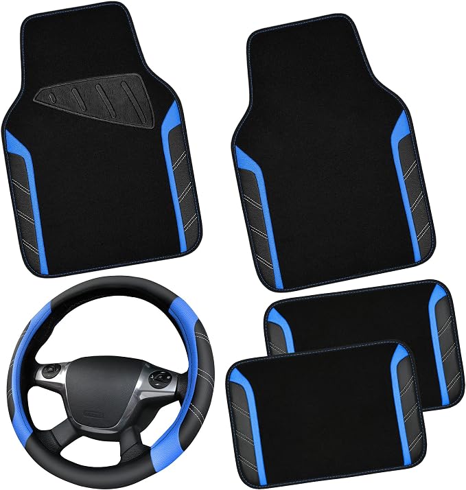 CAR PASS Leather Steering Wheel Cover and Waterproof Car Floor Mats,Microfiber Universal Car Combo Fit for 95% Sedan,SUV,Cars,14.5-15inch Sporty Anti-Slip Safety Comfortable Design(Black＆Blue) by CARPASS