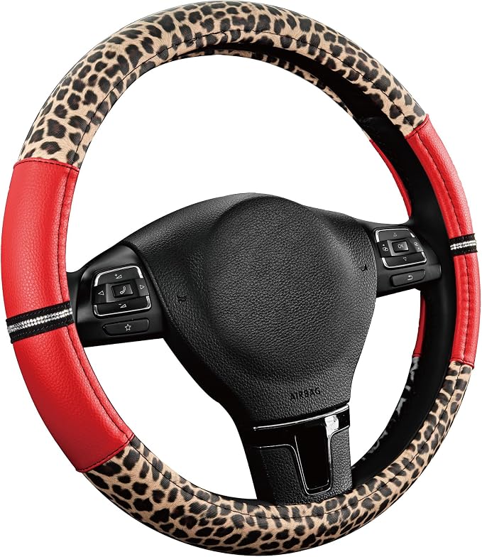 Road Comforts Leopard Steering Wheel Cover for Women, Cute Anti-Slip Microfiber Leather, Universal Fit 14.5-15 Inch Round Steering Wheel - Red - Image 2