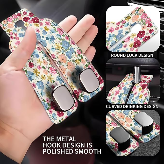Car Seat Back Storage Headrest Hook, Premium Leather Double Metal Hook, Hanger Storage Organizer for Purse Cloth Bag, Car Interior Accessories Colorful Boho Flowers - Image 3