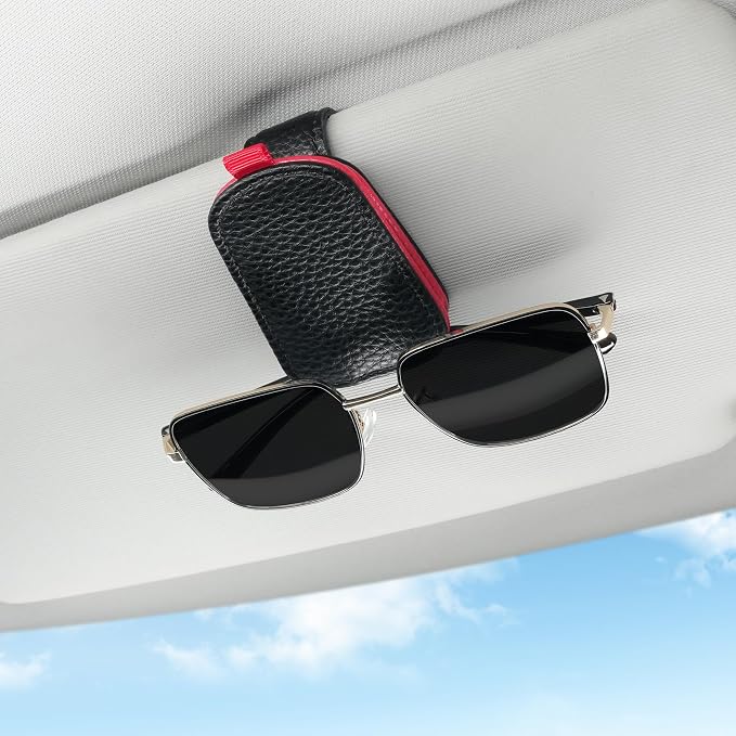 SINGARO Sunglasses Holder for Car, Leather Magnetic Buckle Sun Visor Sunglass Clip, Ticket Card Storage Glasses Clip, Car Interior Accessories for Men and Women（Black-red） - Image 2
