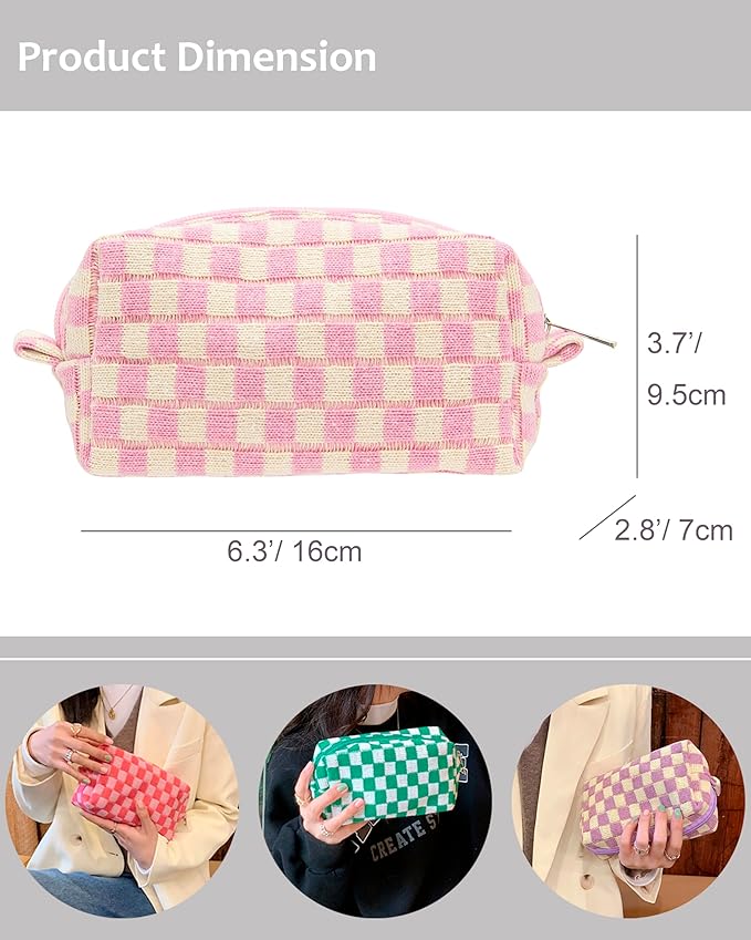 Checkered Makeup Bag for Purse, Small Cosmetic Pouch,Pink Beige,6 Pack | Cute Zipper Makeup Organizer for Women, Travel Essentials, Toiletries, Makeup Brushes, Beauty Accessories&Bridesmaid Gifts - Image 3
