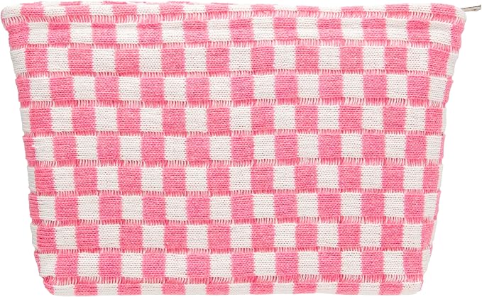 PAZIMIIK Checkered Makeup Bag for Purse, Small Flat Cosmetic Pouch,Pink | Cute Zipper Makeup Organizer for Women, Travel Essentials, Toiletries, Makeup Brushes, Beauty Accessories&Bridesmaid Gifts by PAZIMIIK