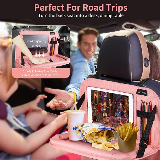 LUCMO Car Backseat Organizer with Foldable Tablet Holder, Pink | 2 Pcs,6 Storage Pockets,Foldable Food Tray,Protectors Kick Mats,Travel Accessories,Seat Cover,Road Trip Essentials - Image 4