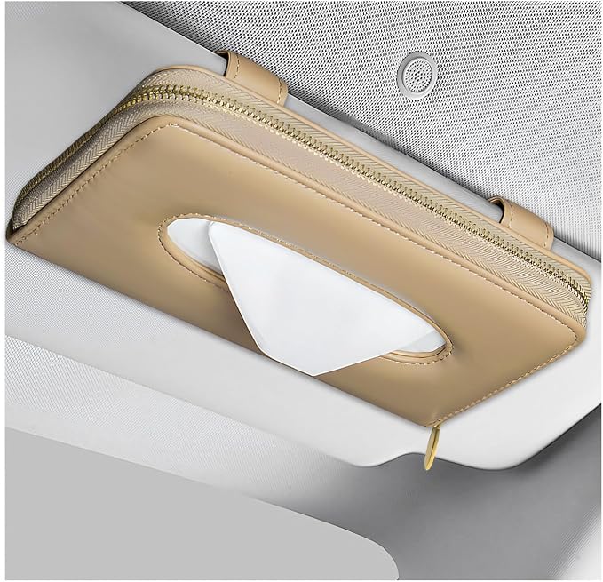 Car Tissue Holder, PU Leather Auto Sun Visor Tissue Case Napkin Holder with Zipper, Rectangular Mask Dispenser Hanging Paper Towel Organizer for Cars SUVs Trucks RVs (Beige) by Unknown