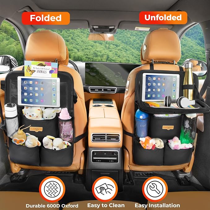 SURDOCA Backseat Car Organizer with Foldable Tray for Kids & Adults – NEW MODEL Seat Storage with Touchable Tablet Pocket, Roadtrip Essentials – Fits Most Vehicles - Image 3