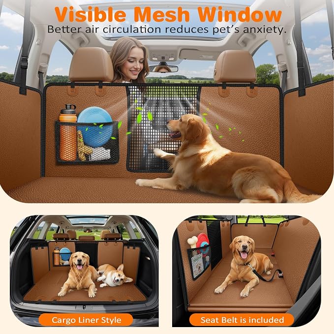URPOWER PU Leather Hard Bottom Dog Car Seat Cover, Back Seat Extender | 500 lbs Support, 45% More Space, Waterproof, Scratch Resistant, Non-Slip, Mesh Window, Easy Care, Dog Seat Belt Included - Image 4