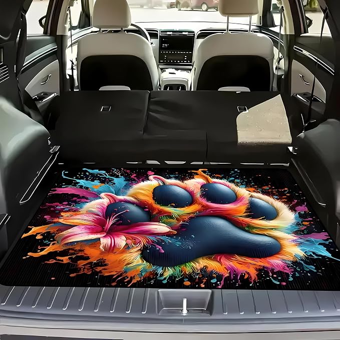 Universal Car Trunk Mat 29" x 39", Colored Paw Print All Weather Trunk Protection Cargo Liner, Durable Cargo Mat Rear Trunk Liner, Stylish Vehicle Interior Accessories Suitable for Most Car Models by Unknown