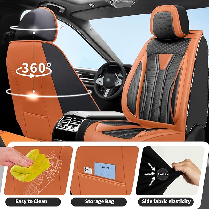 Fit Sentra Car Seat Covers Premium Leather for Nissan Sentra 2008-2025 2026. Waterproof， Breathable, Scratch-Resistant & All-Weather Seat Cushion Protector（2 Front Seats,Orange&Black - Image 4