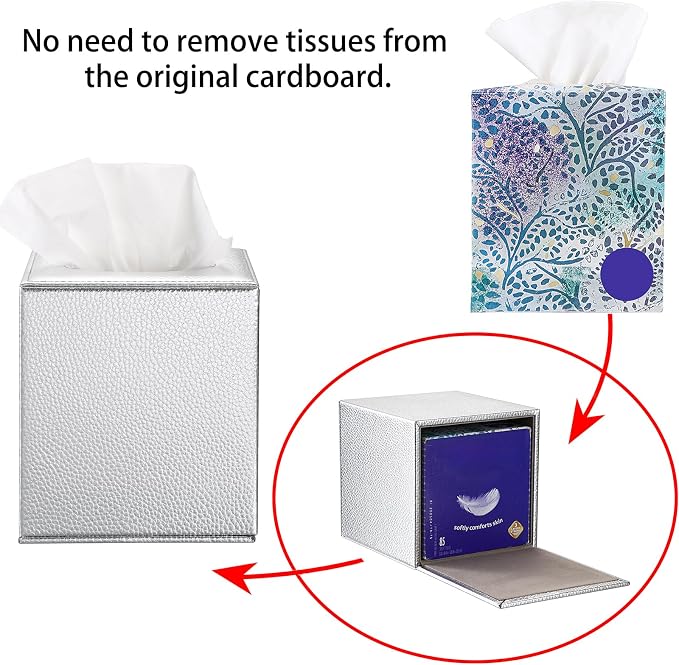 Sumnacon Tissue Box Cover Square,Magnetic Bottom Tissue Box Holder,Silver | Cube PU Leather Tissue Cover with Lychee Pattern,Decorative Tissue Box Covers for Living Room Bathroom Table Desk Office Car - Image 5
