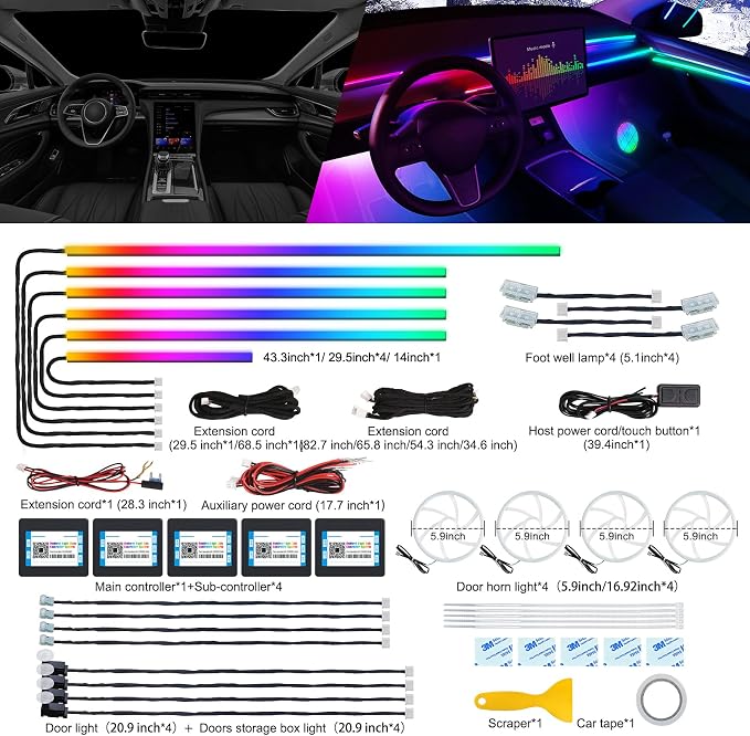Dreamcolor Acrylic Interior Car LED Strip Light with Wireless APP, RGB 22 in 1 with 175 inches 600 LEDs Fiber Optic Car Ambient Lighting Kits, Dual Zone Sound Active Function LED Strip for Car - Image 2