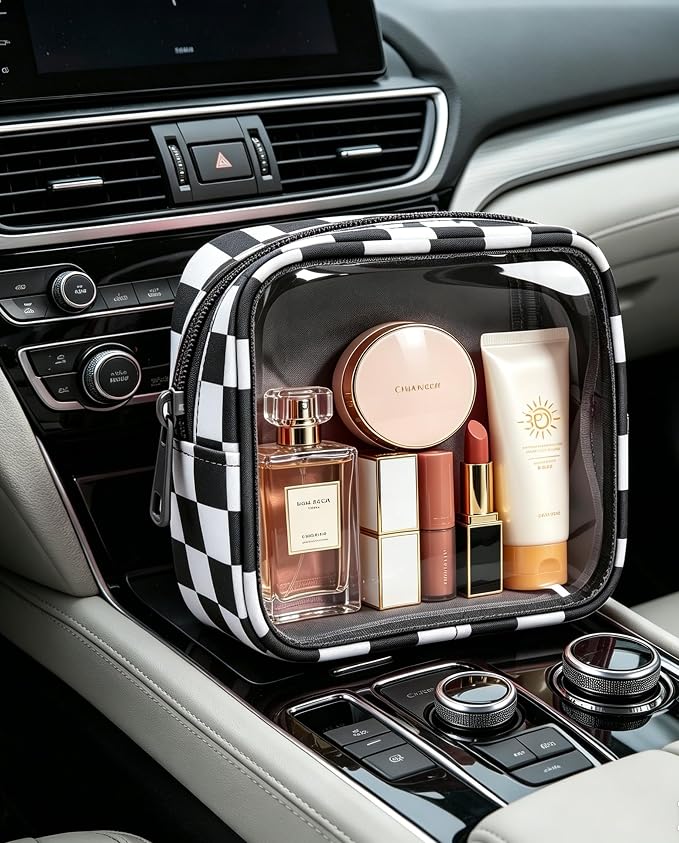 Clear Checkered Makeup Bag, Small Cosmetic Pouch with Zipper Mini Waterproof Makeup Purse Organizer Cute Cosmetic Bag Travel TSA Approved Toiletry Bag Car Organizer for Women Girls (Black) - Image 4