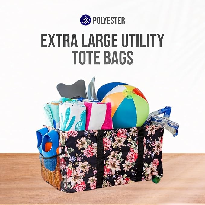 Extra Large Utility Tote Bag, Oversized Collapsible Reusable Wire Frame Rectangular Canvas Basket With Two Exterior Pockets For Beach, Pool, Laundry, Car Trunk, Storage - Rose - Image 7