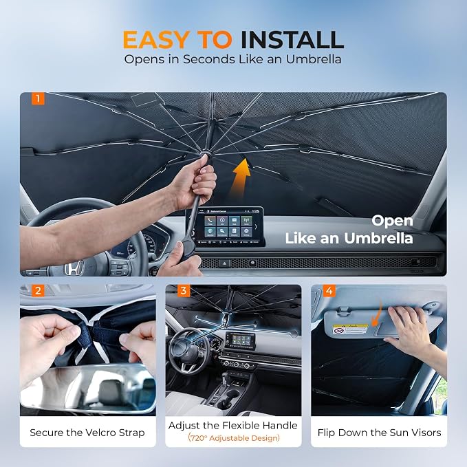 [2026 Upgraded] DooGooCoo Windshield Sun Shade Umbrella for Toyota Camry 2018-2025 2026 [100% Sunlight Blocked, Cooling Ice Crystal] Sunshade for Car Windshield for Camry Sun Shade, Custom Fit Camry - Image 8
