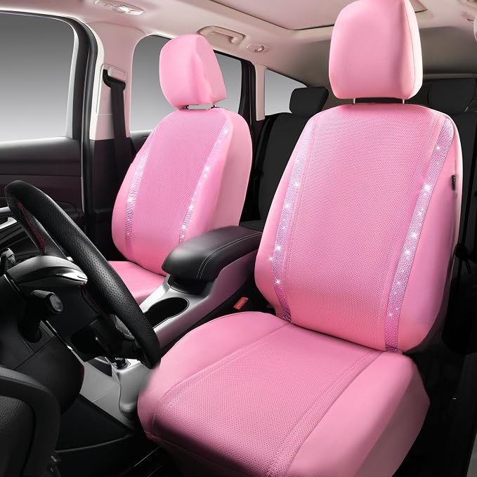 CAR PASS Bling Diamond Car Seat Covers, Shining Rhinestone Waterproof Faux Leather Pink Car Accessories Two Front Only Universal Fit Auto Glitter Crystal Sparkle Strips for Cute Women Girl, Pink - Image 4