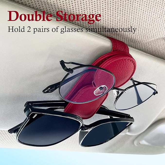 KIWEN Sunglasses Holder for Car Visor, Magnetic Leather Sunglass Eyeglass Hanger Clip for Car Sun Visor Accessories (1, Red) - Image 3