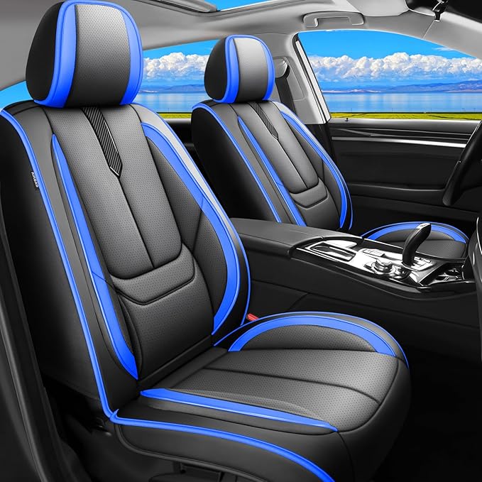 Fit Titan Car Seat Covers for Nissan Titan 2009-2024 2025 2026 -Upgraded Premium Waterproof & Breathable Leather,Airbag Compatible,All-Weather Seat Cushion Protector,2 Front/Black-Blue by Unknown