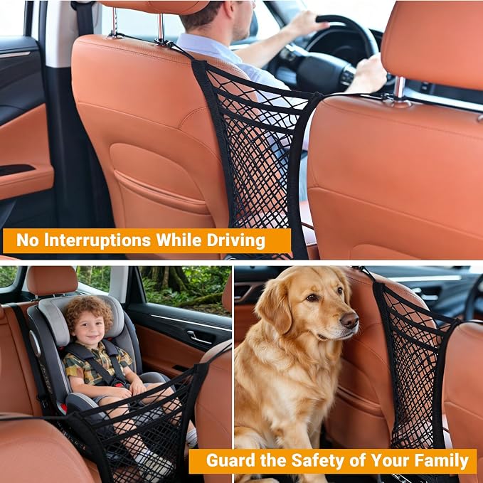 3-Layer Car Mesh Organizer - Backseat Storage & Pet Barrier for Small Dogs | 11"x8.3" net fits headrests or between seats. Holds bottles, umbrellas, tissues, toys. Keeps small dogs (<22lb) from front. - Image 8