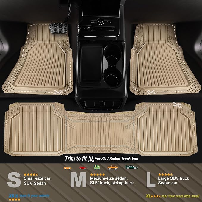 CAR PASS Heavy Duty Rubber Floor Mats for Car, Waterproof Liner Deep Dish Car Mats Full Sets, Universal Trim to Fit for SUV Truck Sedans Vans, All Weather Automotive Floor Mats 3pcs, Solid Beige - Image 2