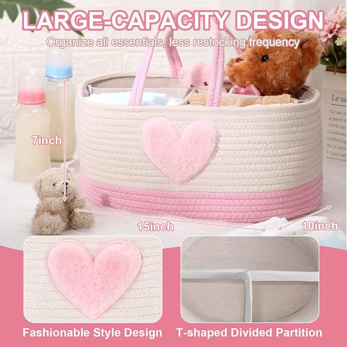Aliceset Large Baby Diaper Caddy for Girl Boy Rope Nursery Storage Bin Basket Portable Holder Tote Bag for Changing Table Car Travel Baby Shower Gifts Newborn Essentials Registry Must Have(Pink Heart) - Image 2