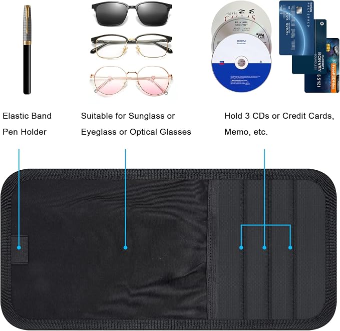 Wisdompro Car Sun Visor Storage Pouch, Sunglasses Bag & 3 CD Sleeves, Black | with Pen Holder and Elastic Strap, Auto Sunvisor Organizer Pocket for Glasses, Document, Card, DVD, Papers, Receipts - Image 2