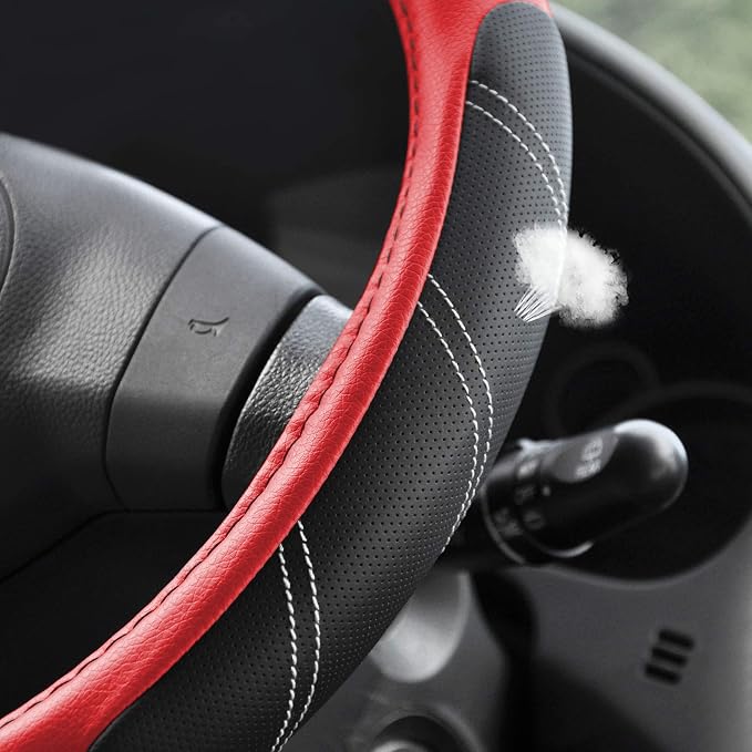 Elantrip Leather Steering Wheel Cover 15 1/2 to 16 inch Universal Large Grip Breathable for Car Truck SUV Jeep Anti Slip Black and Red - Image 3