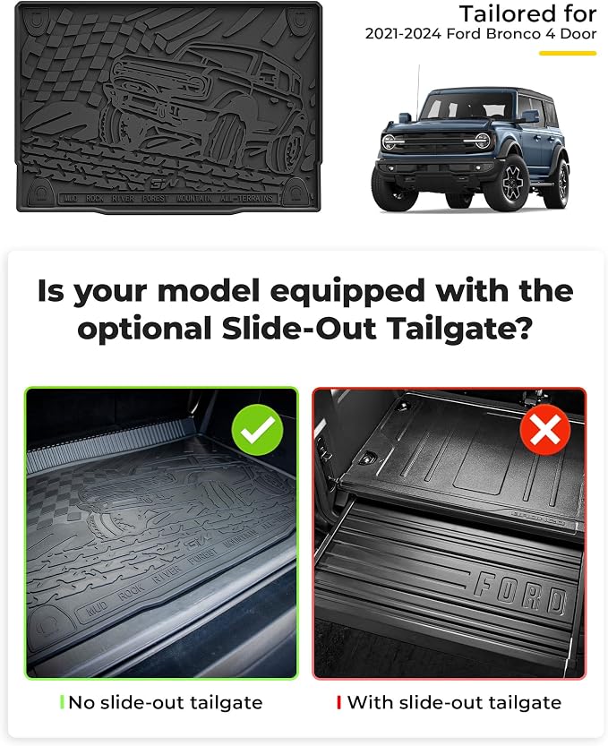 3W Floor Mats & Cargo Liner & Back Seat Cover for 2021-2026 Bronco 4 Door | All Weather Custom Fit Ford Bronco Accessories (Not for Sport & Rubberized Floor) - Image 4
