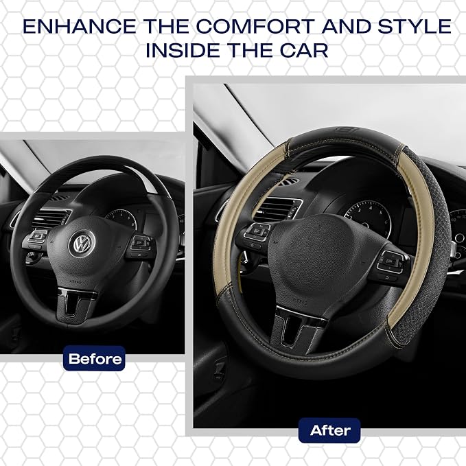 Skechers Air-Cooled Steering Wheel Cover,Leather Car Steering Wheel Cover Universal Fit 14" 1/2-15" Car Wheel Protector for Men Women Fit Suvs,Vans,Sedans,Car,Trucks,Beige - Image 6