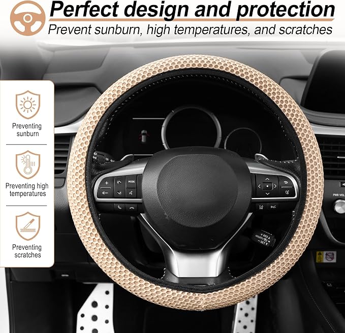 Alpmosn Elastic Stretch Steering Wheel Cover, Breathable Microfiber Ice Silk, Anti-Slip, Car Interior Accessories Fits for 14"-15" Steering Wheel Covers for Women & Men(Beige) - Image 5