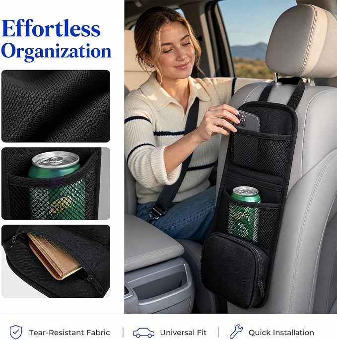 2 PCS Car Seat Side Organizer, Multifunctional Auto Seat Side Storage Hanging Bag with Mesh Net Pockets, Multi-Pocket Vehicle Mesh Organizer for Mobile Phone Wallet Glasses - Image 4