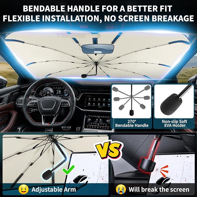 Windshield Sun Shade Umbrella,UPF 50+ Foldable Car Umbrella Sunshade Cover | 57"x33" UV Heat Insulation Car Front Window Sun Shade,5-Layer UV Block Coating,for Sedan,SUV,Pickup,Trucks,Keep Vehicle Cool - Image 2