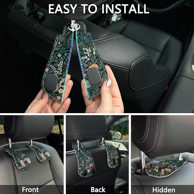Blusabaca 2PCS Car Hooks for Purses Bags, Weeds Floral Flowers Wildflowers Plants Seat Back Storage Headrest Holder Hanger PU Leather Double Backseat Organizer, Women Car Accessories Organization - Image 6