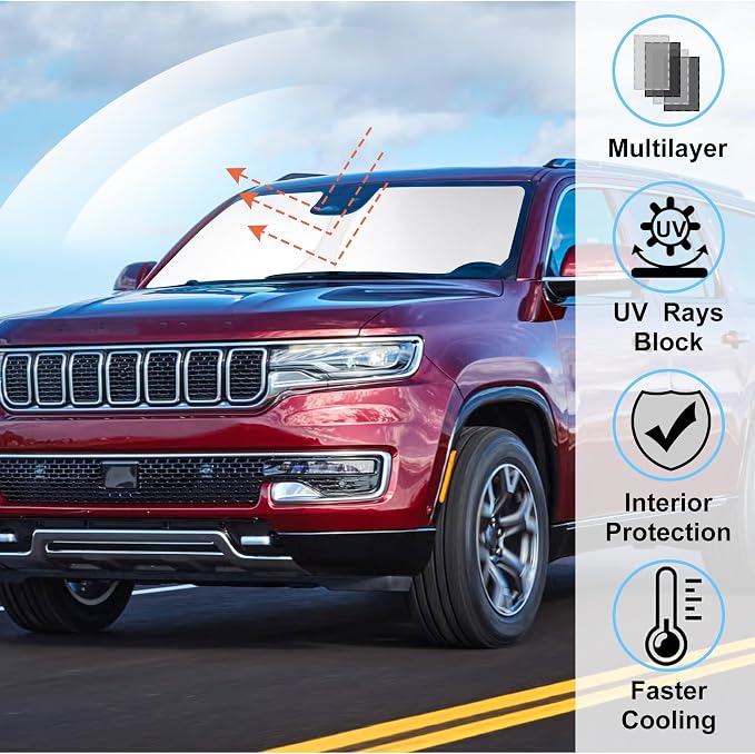 Windshield Sun Shade for 2022-2026 Jeep Wagoneer Accessories | Full covered for windshield, Foldable & Durable, Block UV Rays, Reduce Heat, Easy to install, Keep Car Cooler - Image 2