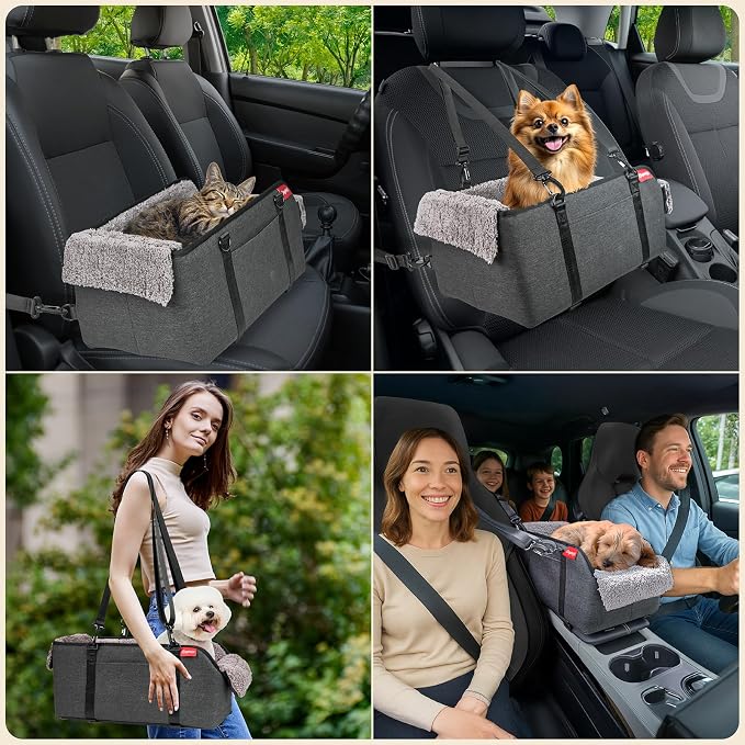 BurgeonNest Center Console Dog Car Seat for Small Pets to 11lbs, Grey | Anti-collapse armrest Console seat with washable fluffy cushion, pillow & tether for stable, cozy pet travel trips. - Image 8