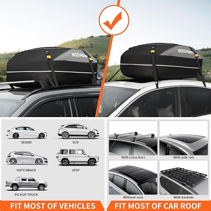 MIDABAO Waterproof Duty Car Roof Top Carrier-Car Cargo Roof Bag Car Roof Top Carrier - Waterproof & Coated Zippers- Includes Anti-Slip Mat- for Cars with or Without Racks (12 Cubic feet) - Image 3