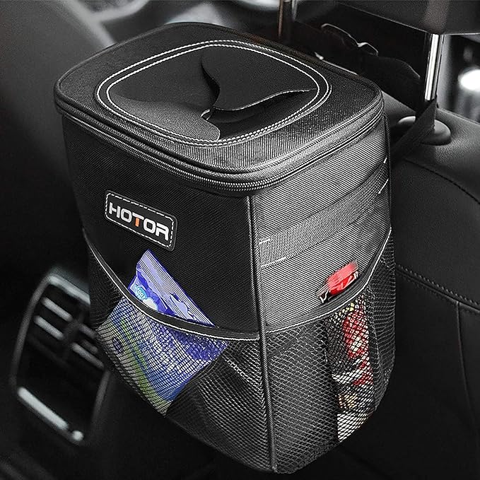 HOTOR Car Trash Can, Compact Waterproof Organizer, Leak-Proof Bin, 2-Gallon | Black, Multifunctional Car Accessory with Adjustable Straps & Magnetic Snaps for Interior Car Storage by HOTOR