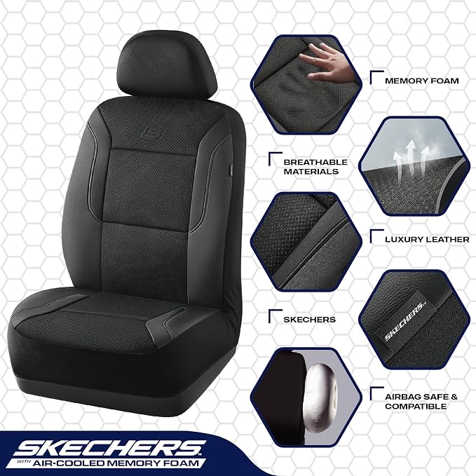 Skechers Memory Foam Car Seat Covers, Air Cool Mesh Thick Seat Covers, Airbag Compatible Car Seat Cover, Automotive Comfort Protection for Most Cars,Vans,Trucks, SUVs,Black - Image 4